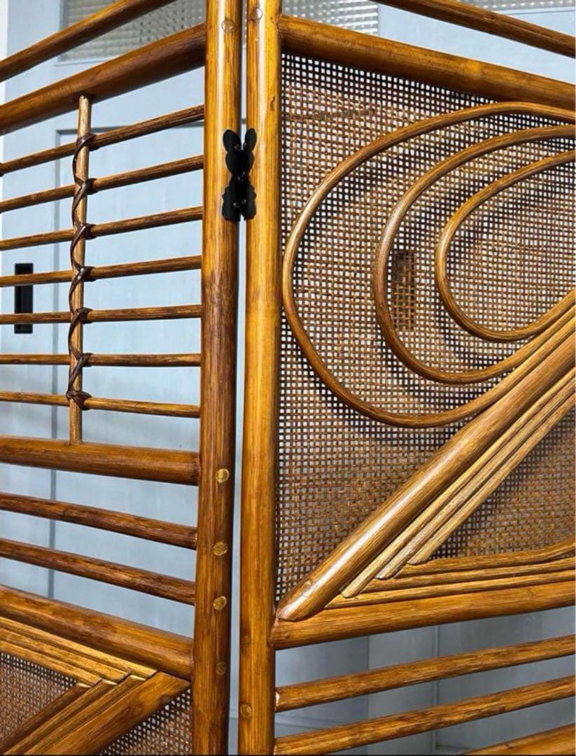 折りたたみパーテーション 昭和レトロ 間仕切り 和風 木製 衝立　ラタン　籐