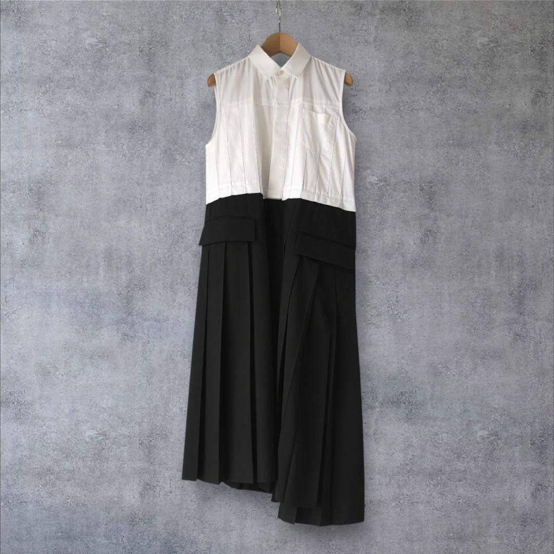 美品 sacai スーチング ミディドレス プリーツ 異素材 Ｓ