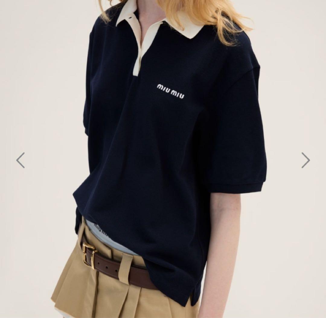 MIU MIU ネイビー コットンピケポロシャツ　半袖　タグあり