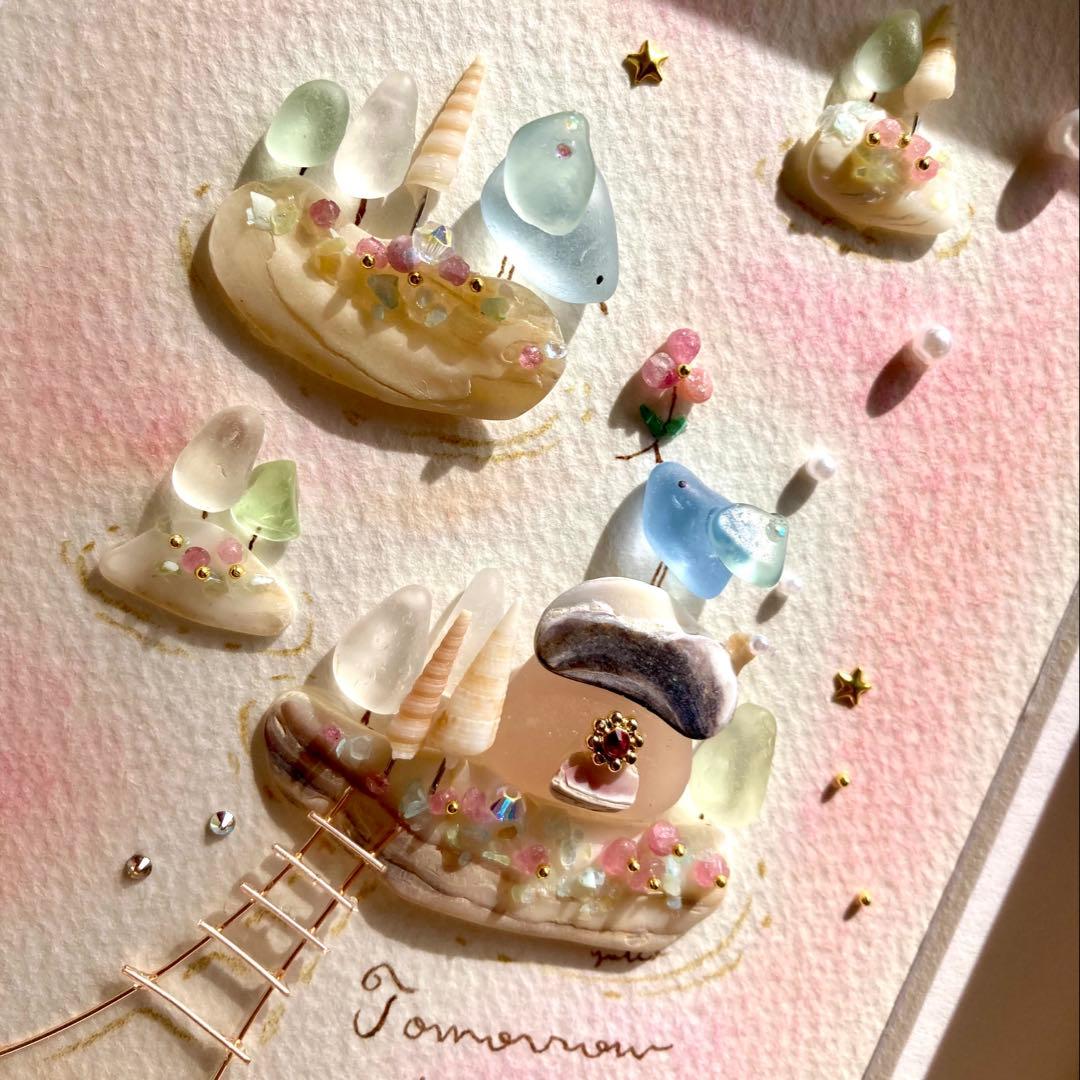 雲の上の出逢い　シーグラス／天然石／フレームアート／鳥