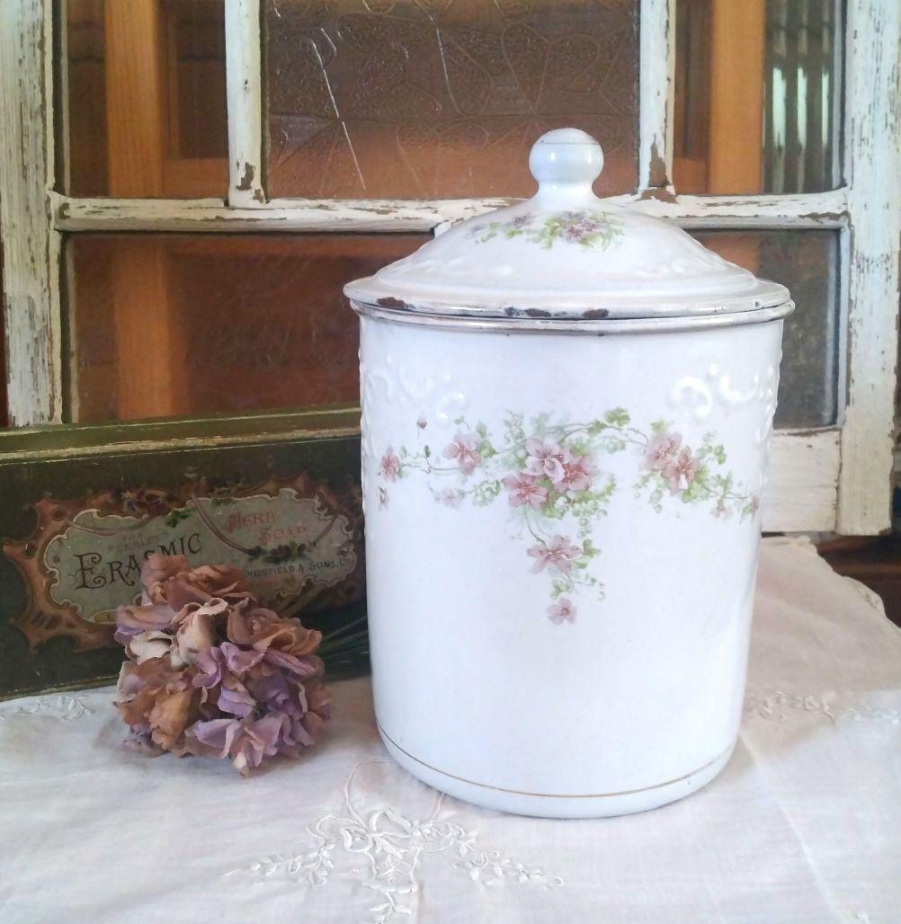 レア✨フランスアンティーク BF社 ホーローキャニスター すみれ 菫 花柄