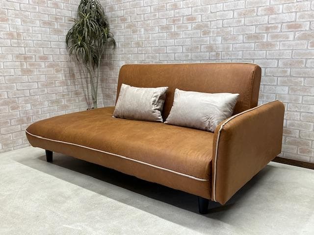 ソファーベッド　ソファ　レザーファブリック　キャメル　新品