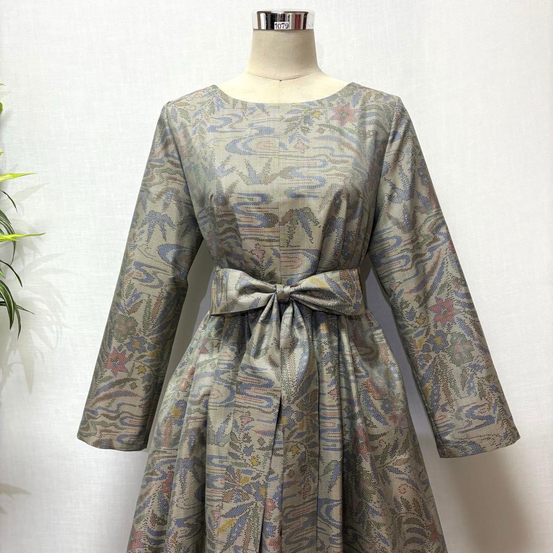 着物リメイクワンピース　大島紬　花柄　ロング　ふんわりギャザー　L ゆったり