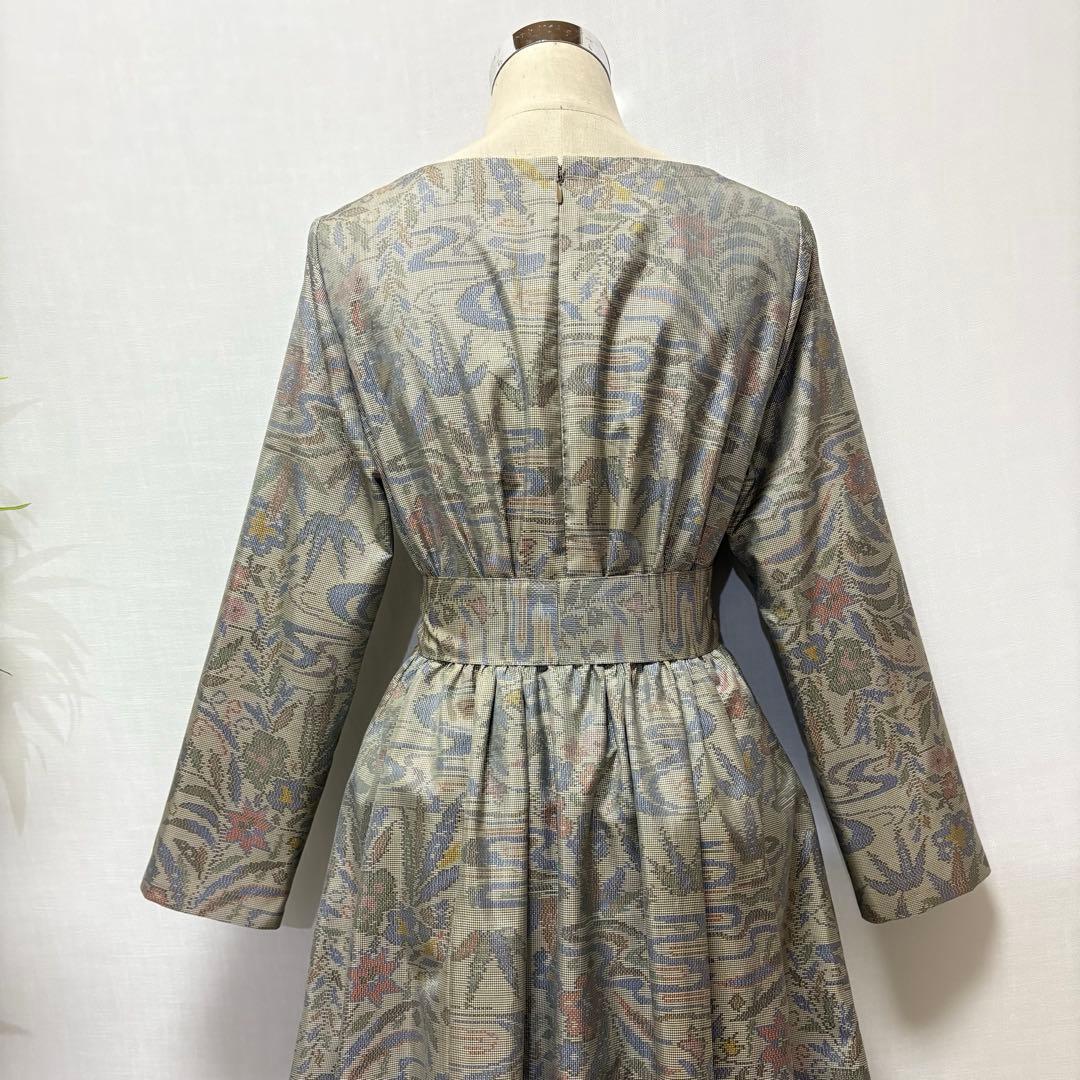 着物リメイクワンピース　大島紬　花柄　ロング　ふんわりギャザー　L ゆったり