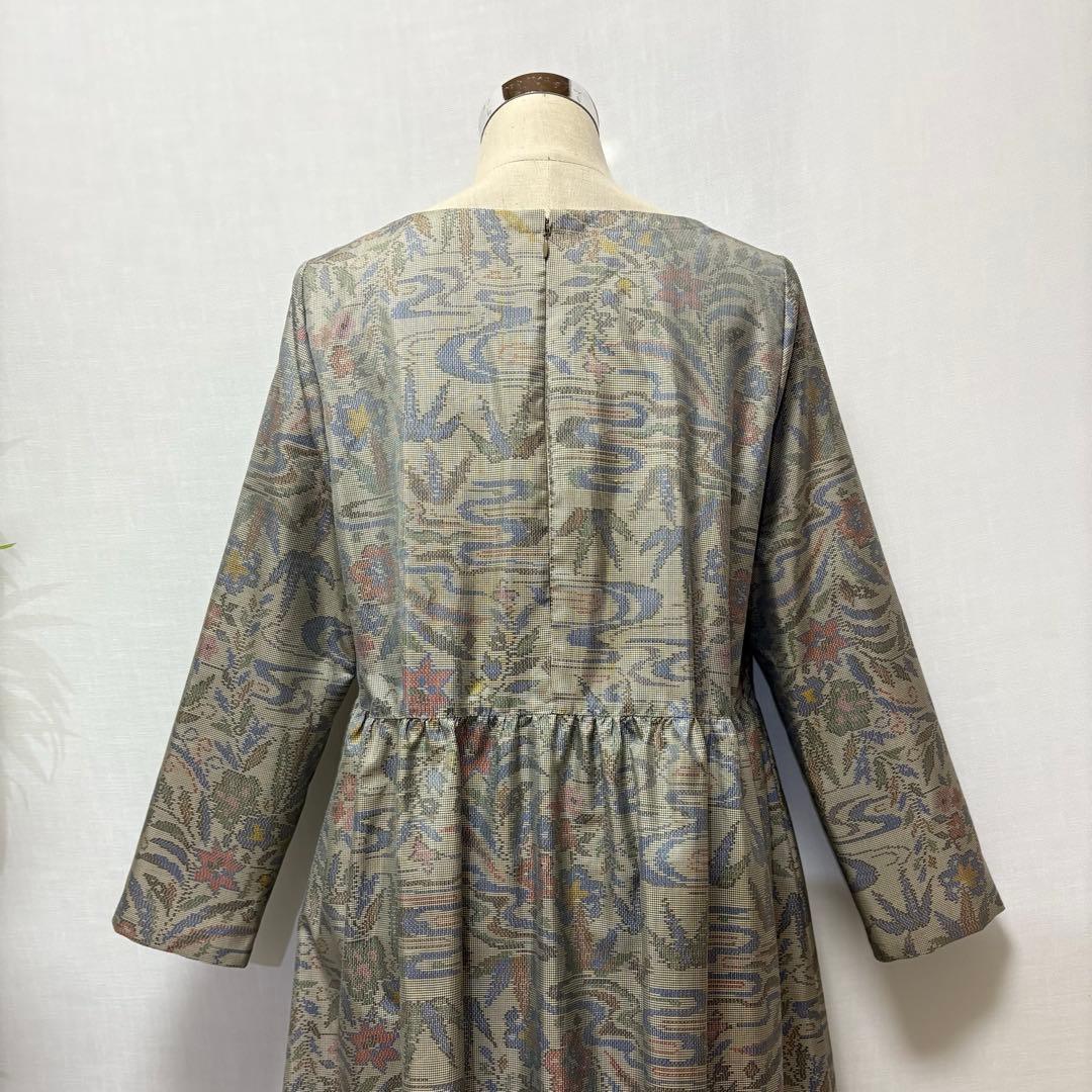 着物リメイクワンピース　大島紬　花柄　ロング　ふんわりギャザー　L ゆったり