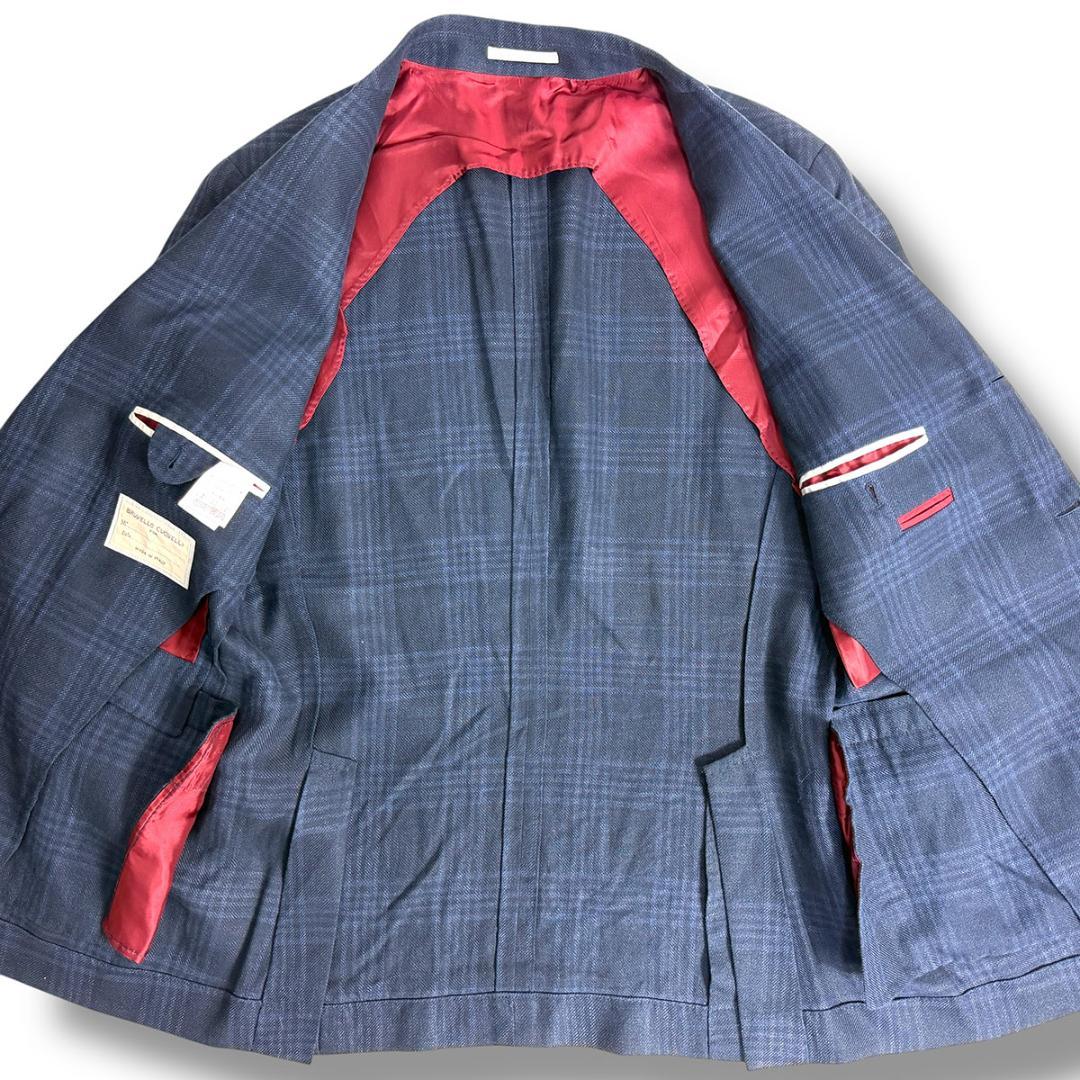 J7220美品 ブルネロクチネリ ウールリネンシルクチェック柄ジャケット 紺50