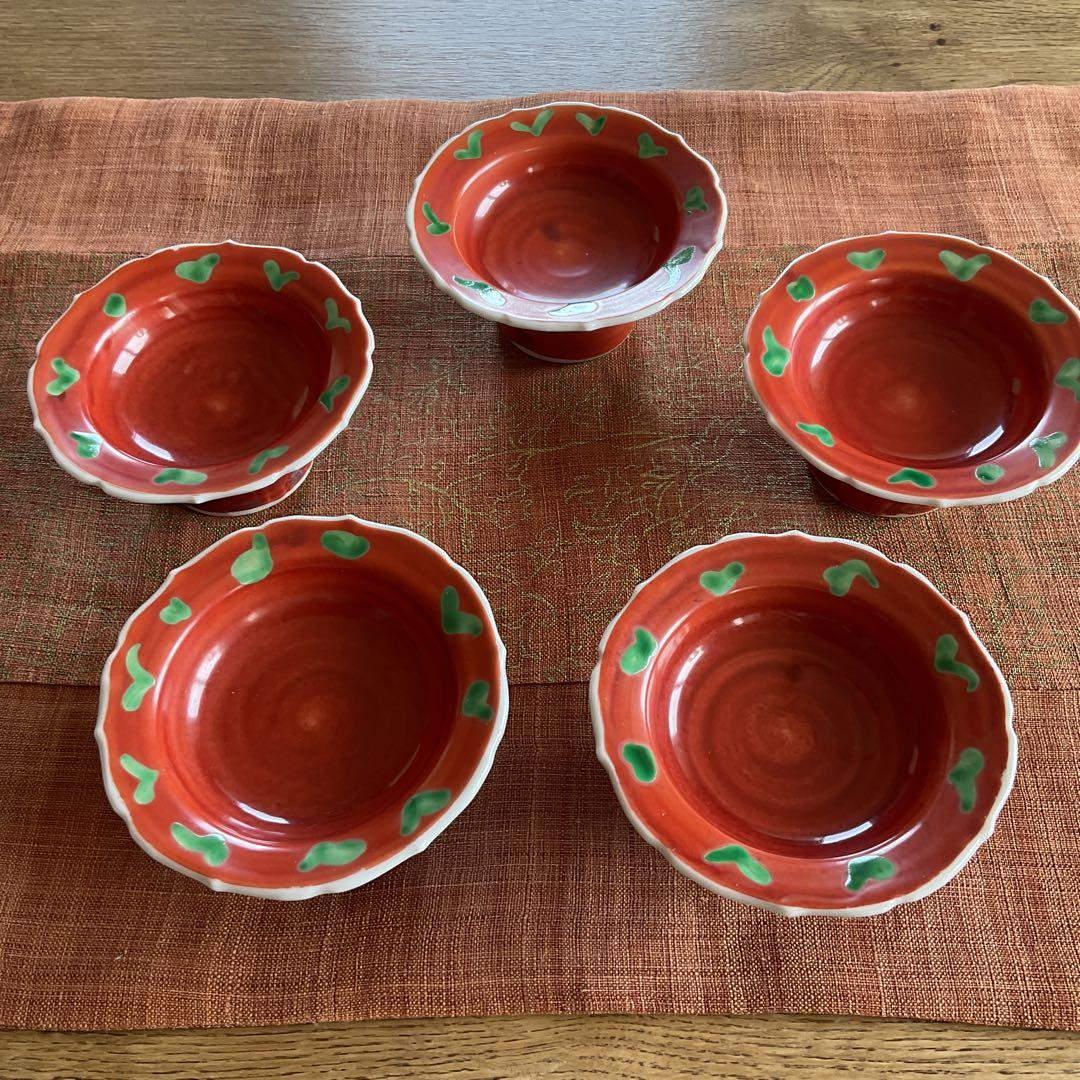 九谷焼　須田菁華　赤地緑彩　高台小鉢　5客揃い