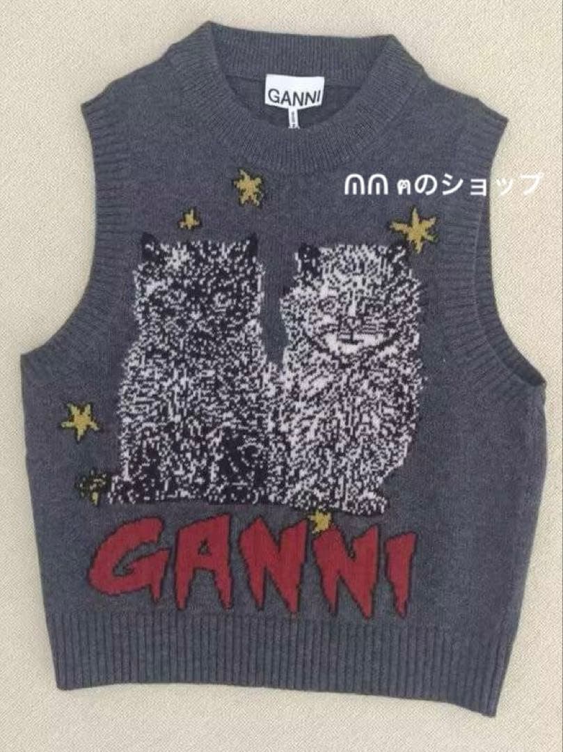 GANNI 猫 ニットベスト グレー S