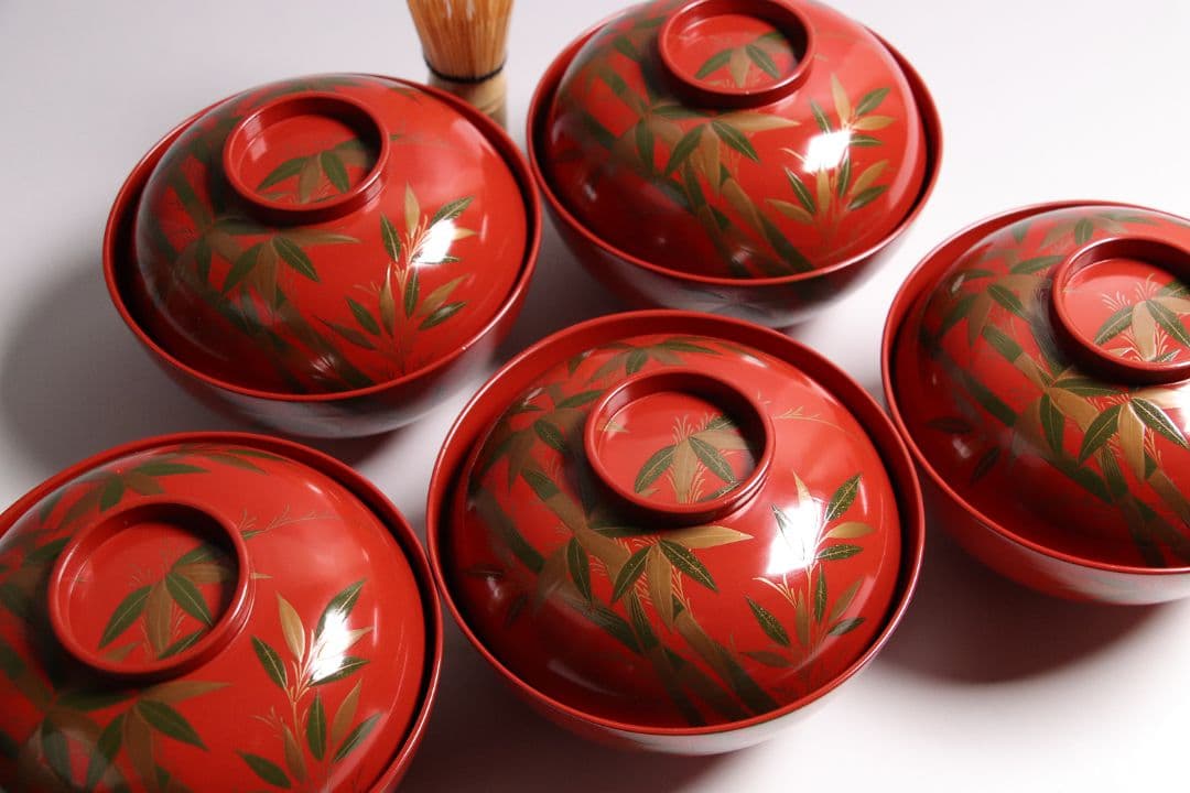 CG34 輪島塗 時代木製漆器 竹笹蒔絵 朱塗御吸物椀 五客 / 伝統漆芸茶懐石