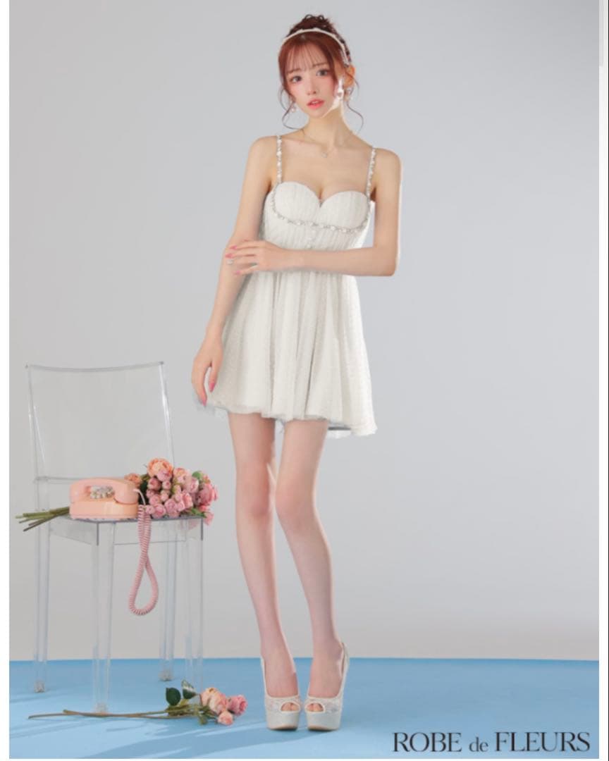 ROBE de FLEURS ドットチュールビジューフレアミニキャバドレス　M