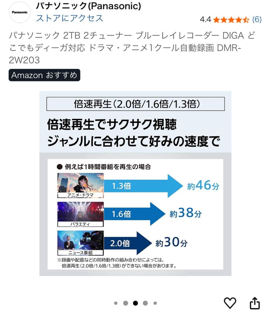 （新品同様）パナソニック2TB2チューナーブルーレイレコーダーDMR-2W203