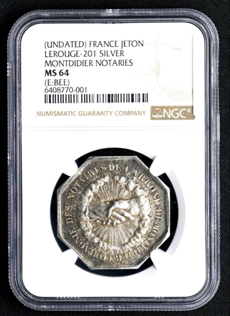 【超希少品】NGC MS64 フランス ジェトン銀貨 モンディディエ公証人