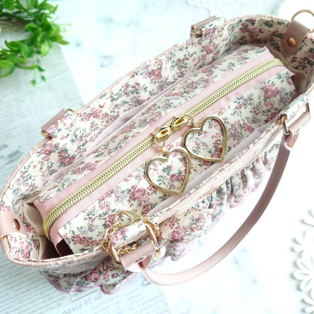 クラシカルピンク×マーガレット刺繍 トリプルフリルトートバッグ✩.*˚