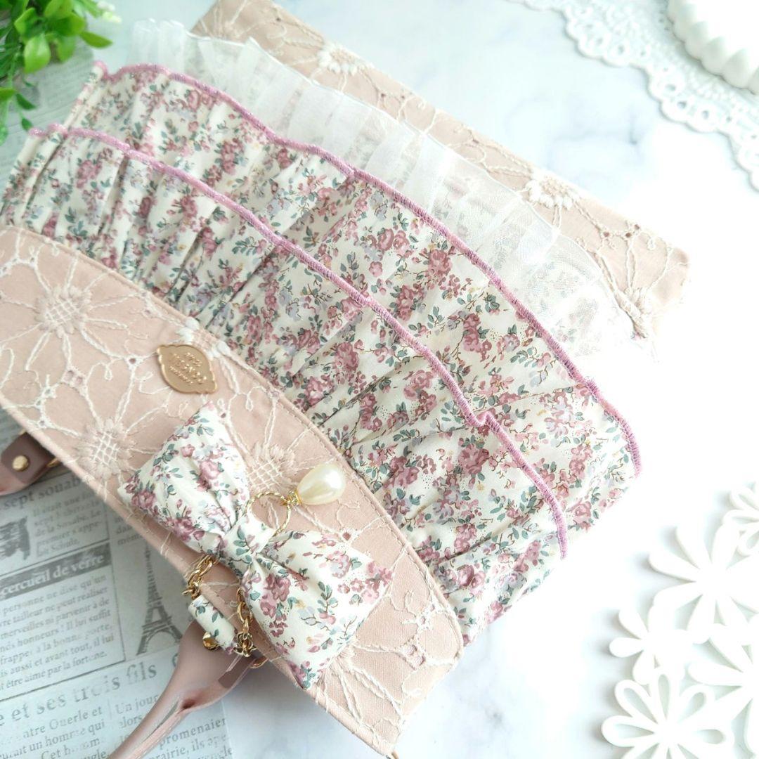 クラシカルピンク×マーガレット刺繍 トリプルフリルトートバッグ✩.*˚