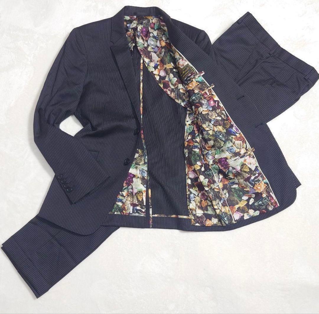 【美品/希少】ポールスミス×ロロピアーナストライプスーツ☆シルク混☆裏地花柄☆M