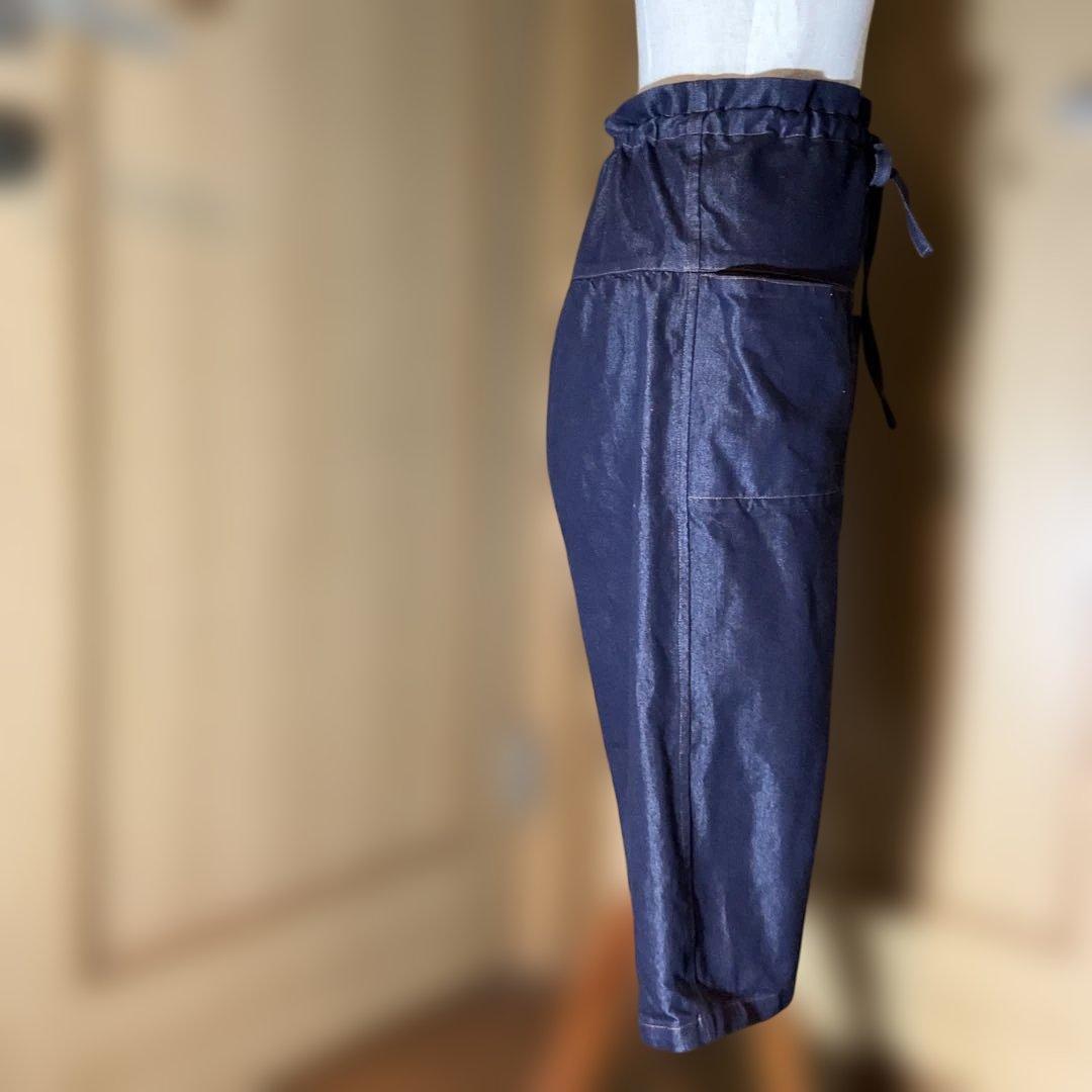 イッセイミヤケmeジーンズダークブルー ガウチョパンツ リボン付き