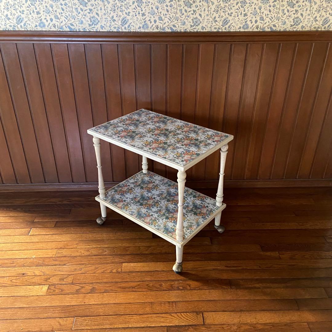 昭和レトロ　花柄　キッチンワゴン　木製ワゴン　当時物