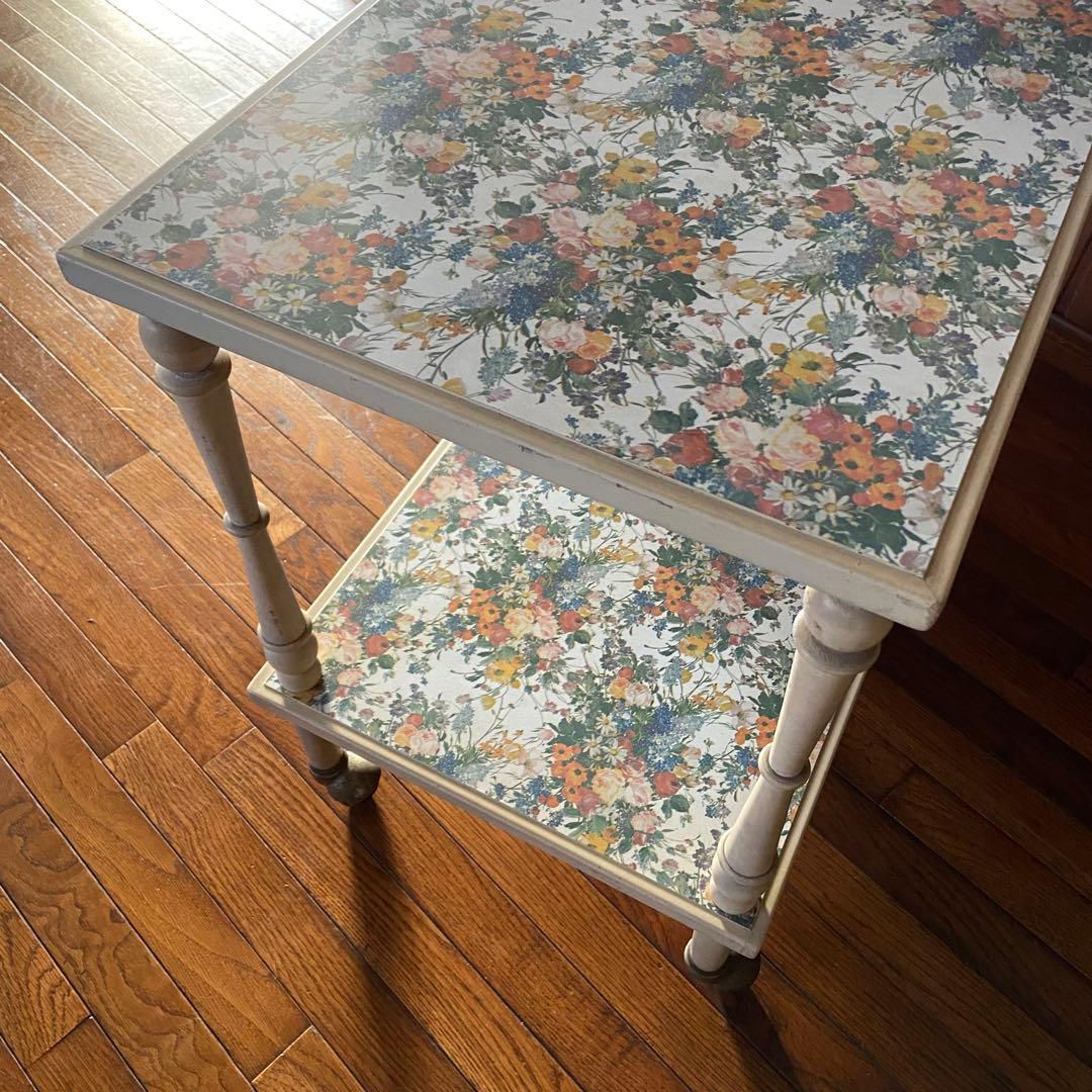 昭和レトロ　花柄　キッチンワゴン　木製ワゴン　当時物