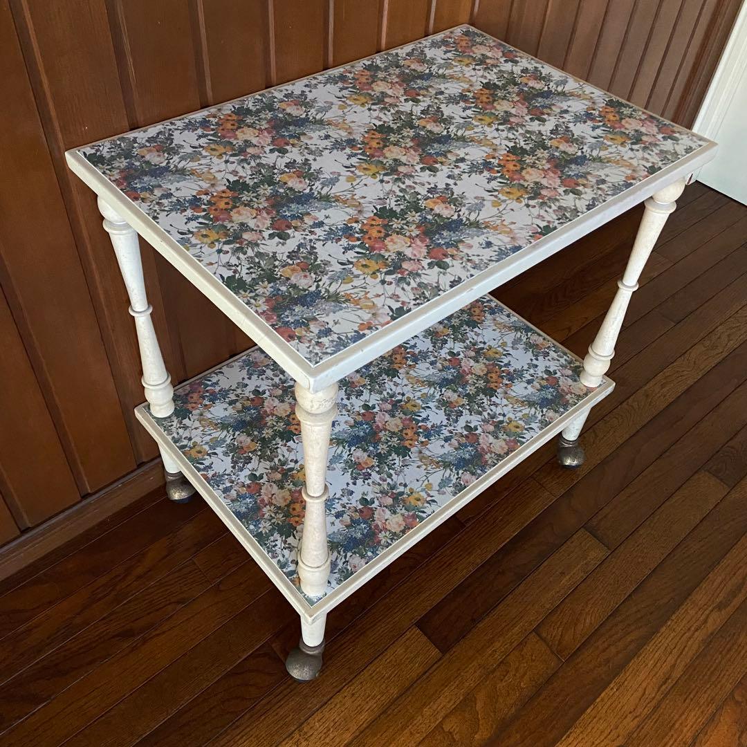 昭和レトロ　花柄　キッチンワゴン　木製ワゴン　当時物