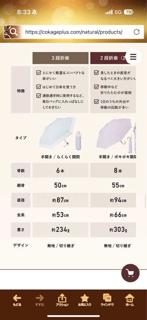 新品COKAGE+2段折りたたみ日傘　　ラテベージュ サマーシールド