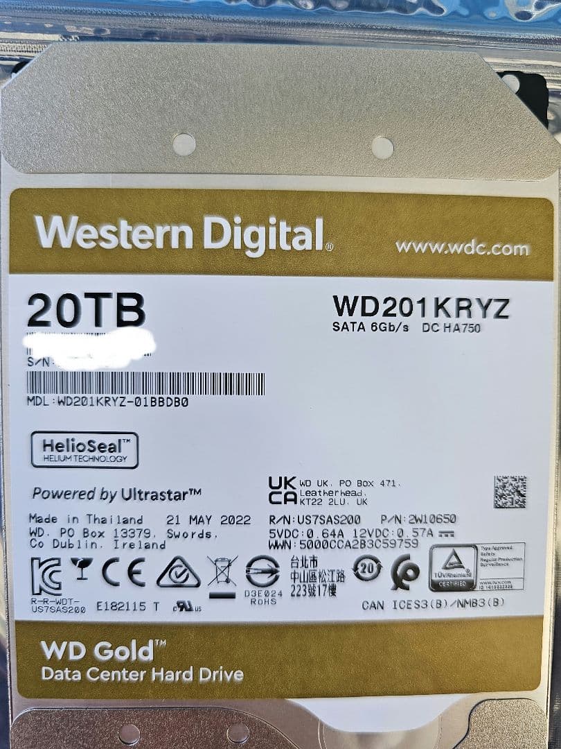 外付けハードディスク・ドライブ WD Gold 20TB HDD WD202KRYZ
