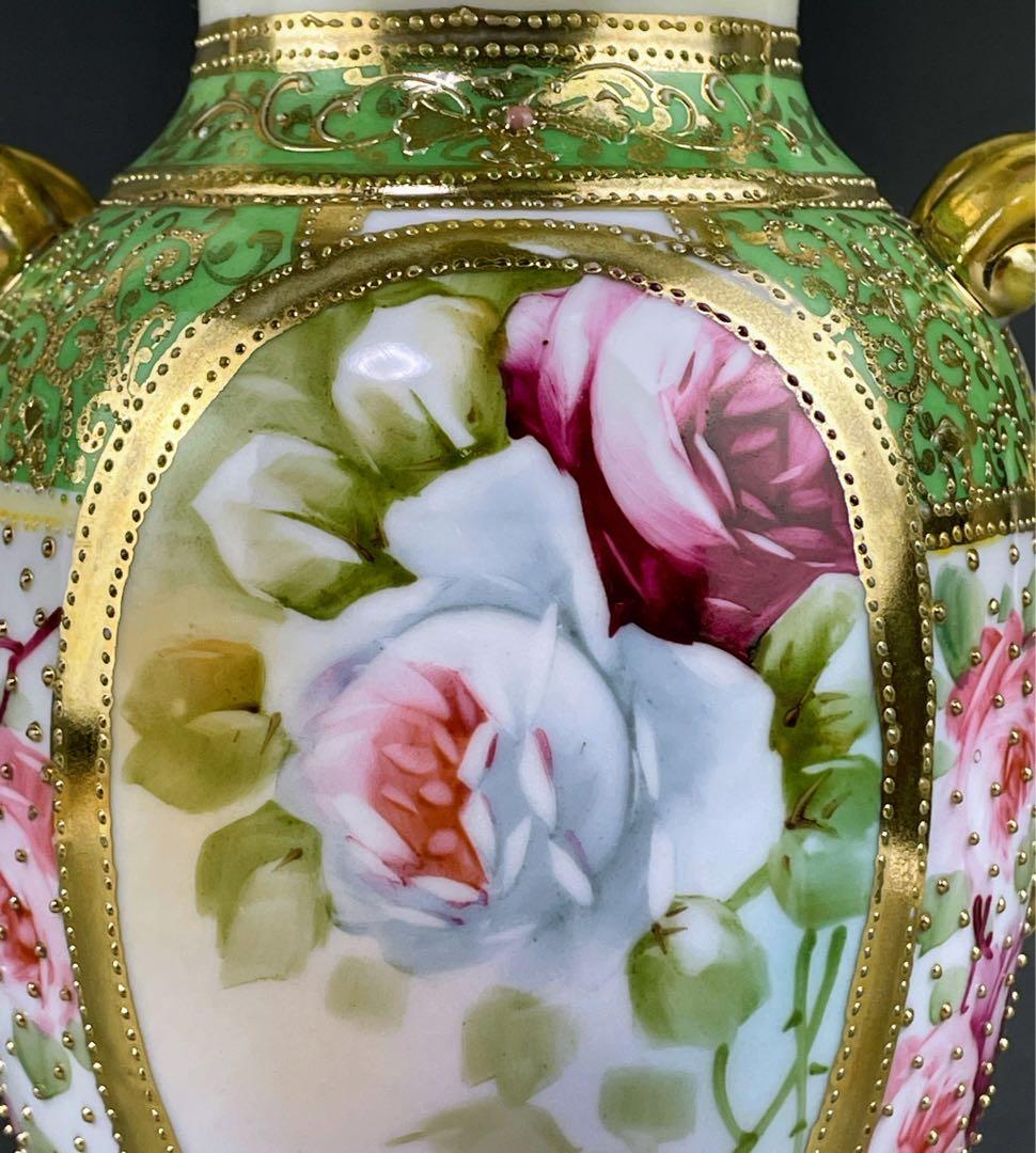 【希少】オールドノリタケ 薔薇紋 ジュエル 金点盛り ビーディング 花瓶