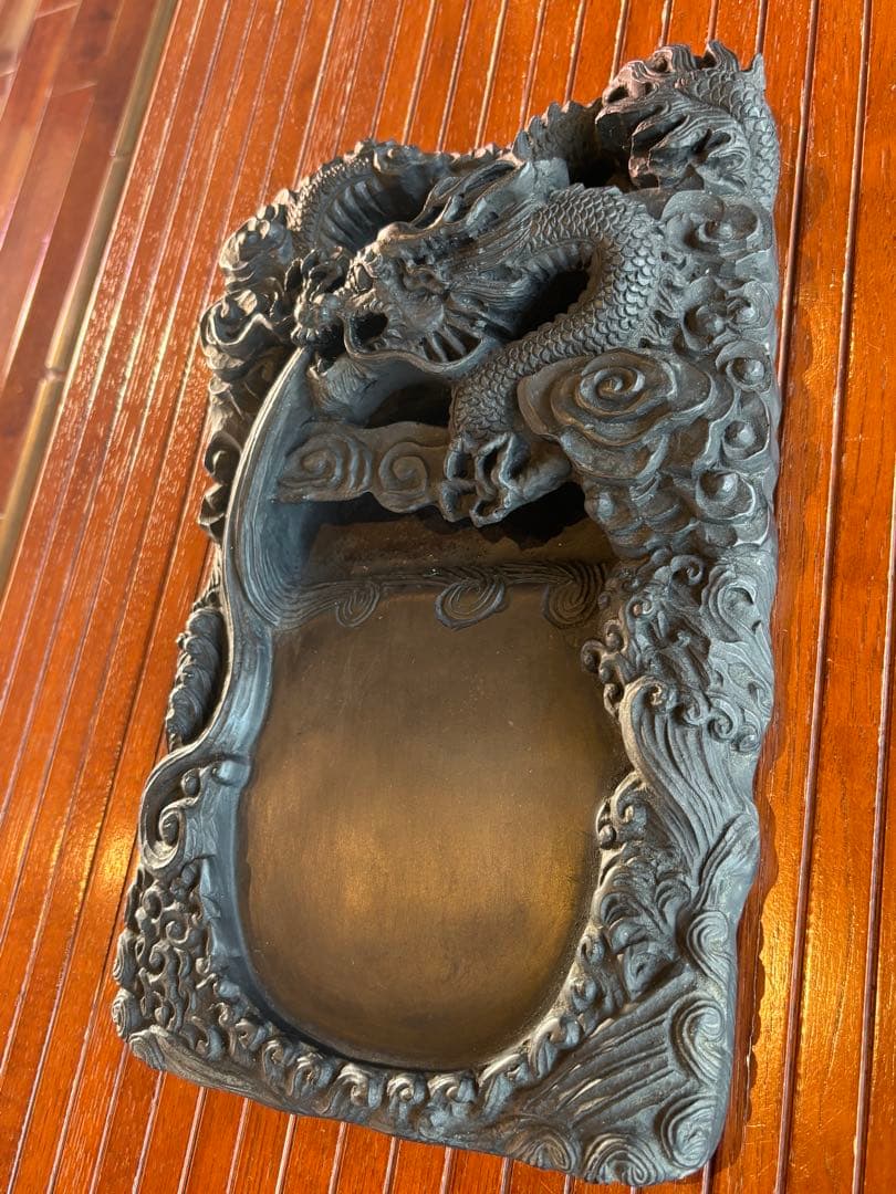 大型37cm 端渓硯 細密龍雲彫刻硯 古玩 硯 古美術　澄泥硯　唐物時代物　中国
