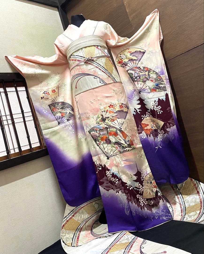 振袖 フルセット6点サイズM〜Ｌ扇子御所車鶴文　暈し染め　金糸　銀彩　正絹