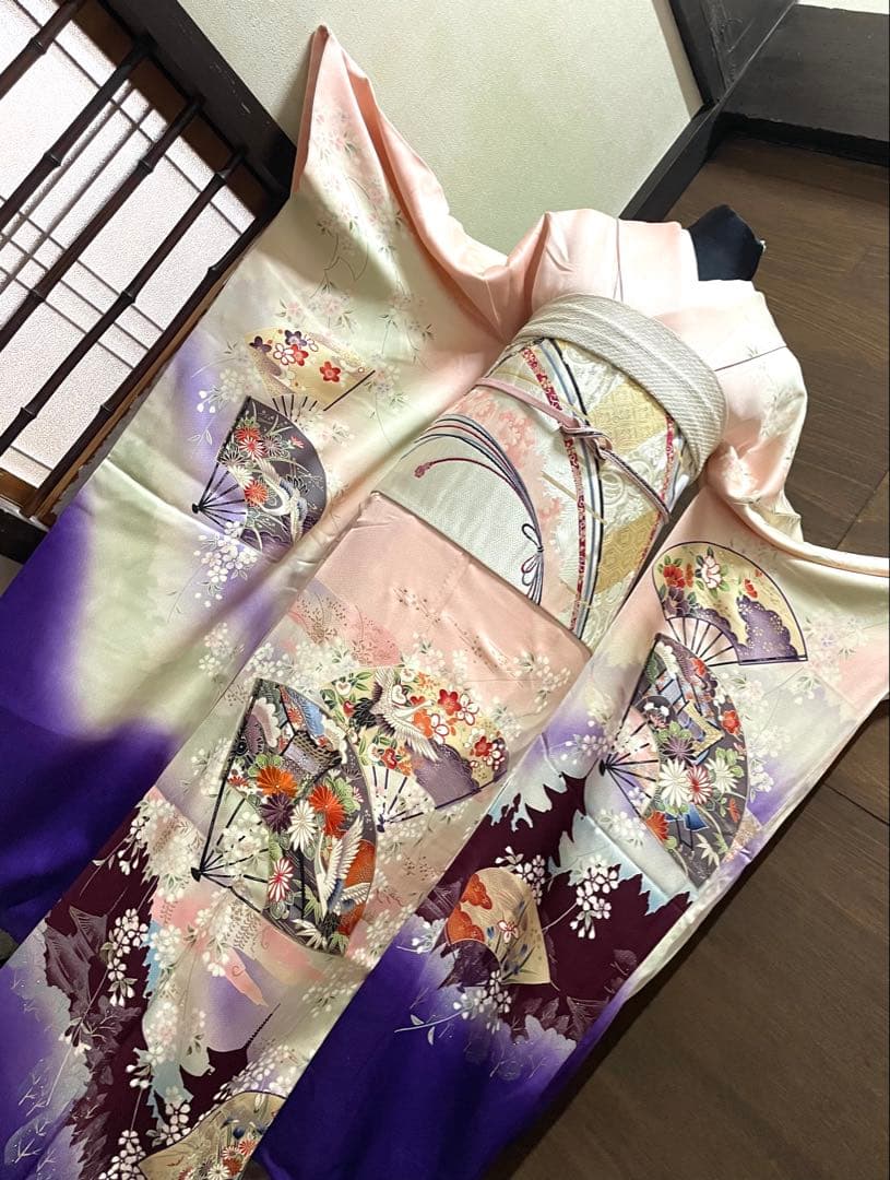 振袖 フルセット6点サイズM〜Ｌ扇子御所車鶴文　暈し染め　金糸　銀彩　正絹