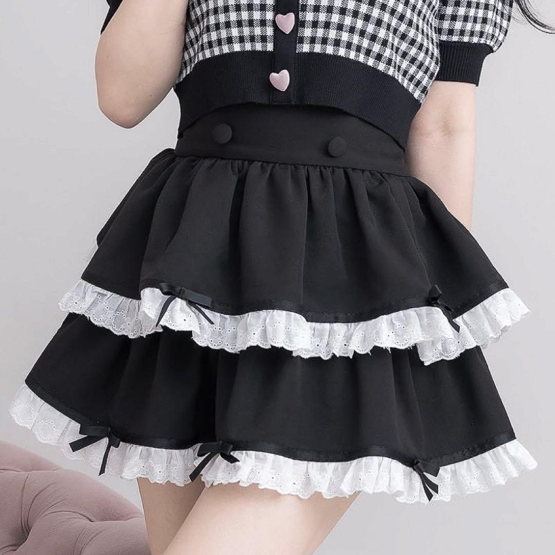 pium コットンフリルリボンティアードミニスカート　ブラック　ぴうむ