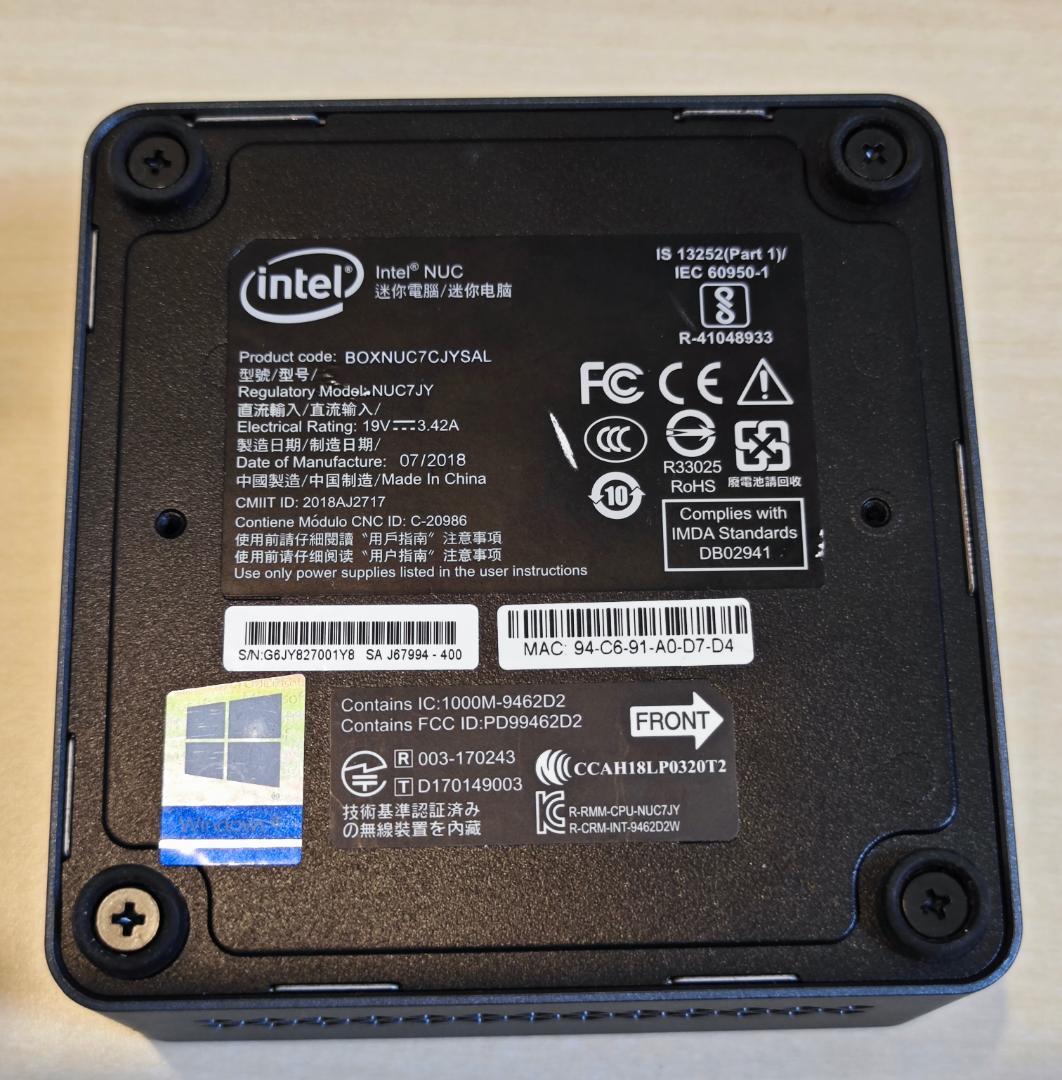 NUC7JY ミニPC Celeron4005 Mem4GB eMMC32GB