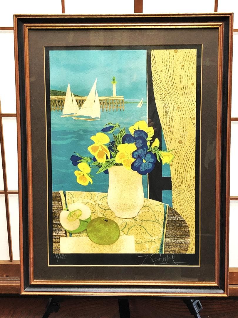 イヴ・ガンヌ『トロ―ヴィルの窓』　ED76/120　リトグラフ額装　高島屋販売品