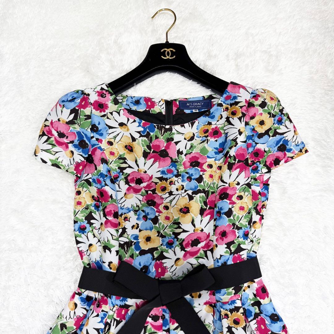 【極美品】エムズグレイシー　ワンピースグログランリボン　花柄　40