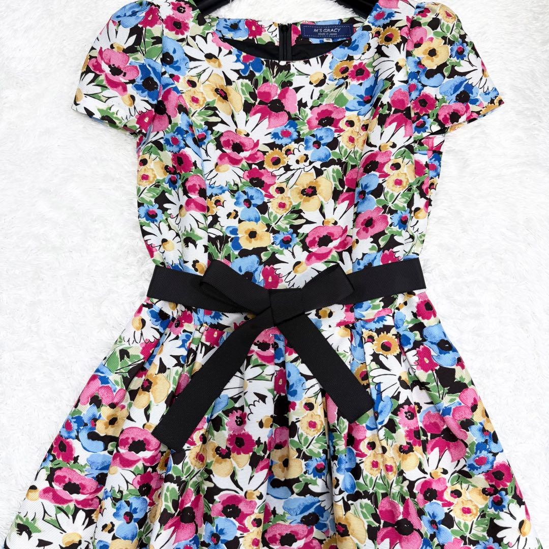 【極美品】エムズグレイシー　ワンピースグログランリボン　花柄　40