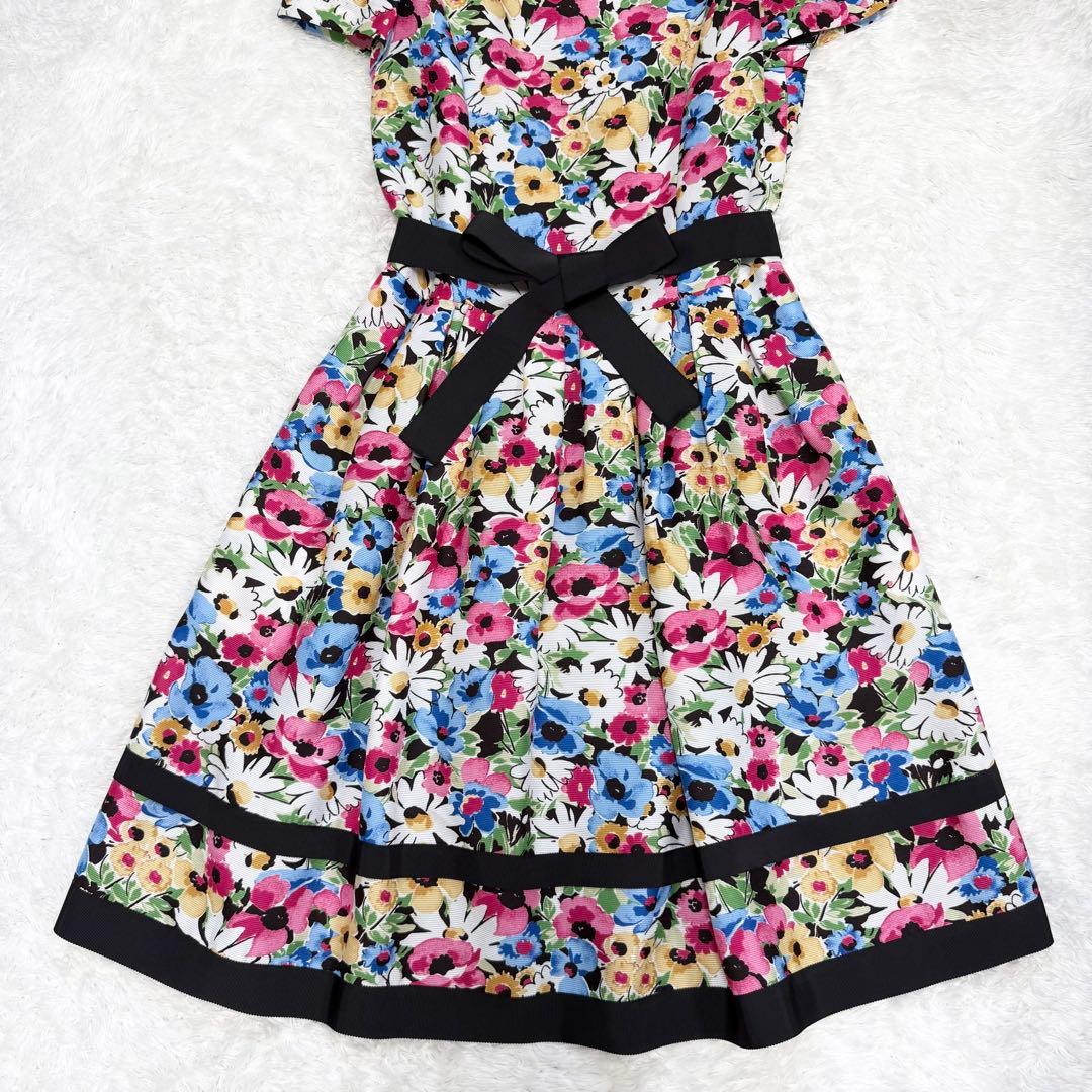 【極美品】エムズグレイシー　ワンピースグログランリボン　花柄　40