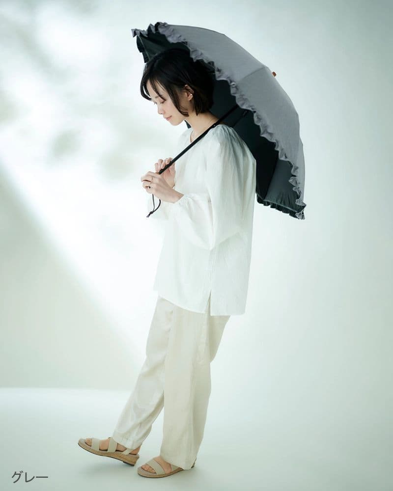 サンバリア100　折りたたみ日傘　２段折フリル　フロスト　グレー