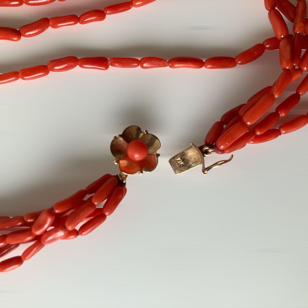 美品 K14 刻印 天然 5連 ネックレス サンゴ コーラル