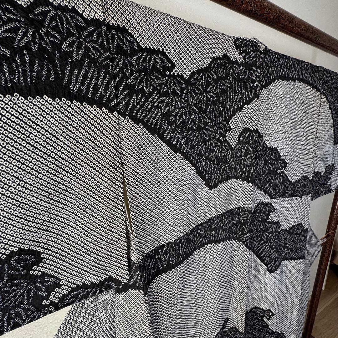 超美品　正絹　袷　現代　広襟　訪問着　着物　 黒　総絞り　絞り　162裄67