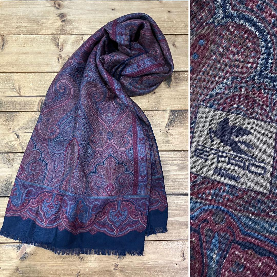 イタリア製 ETRO ペイズリー柄 大判 ストール シルク ウール パープル