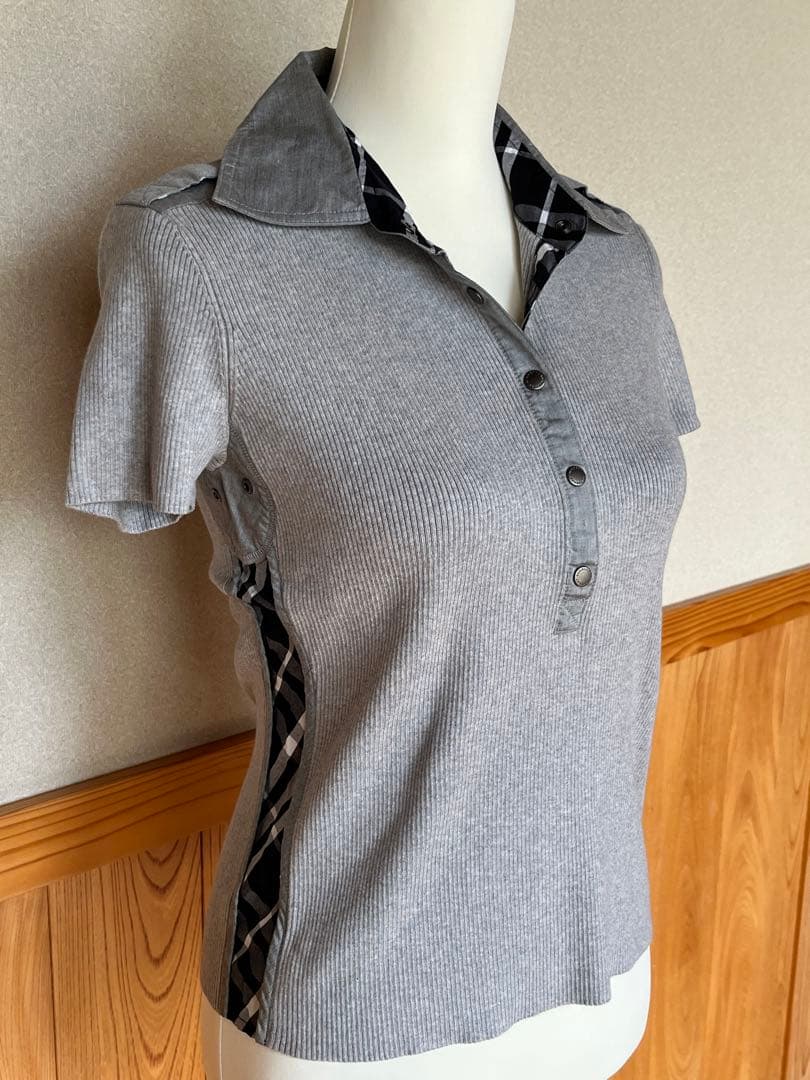 BURBERRY 未使用　グレー リブ編み チェック柄襟 半袖ポロシャツ