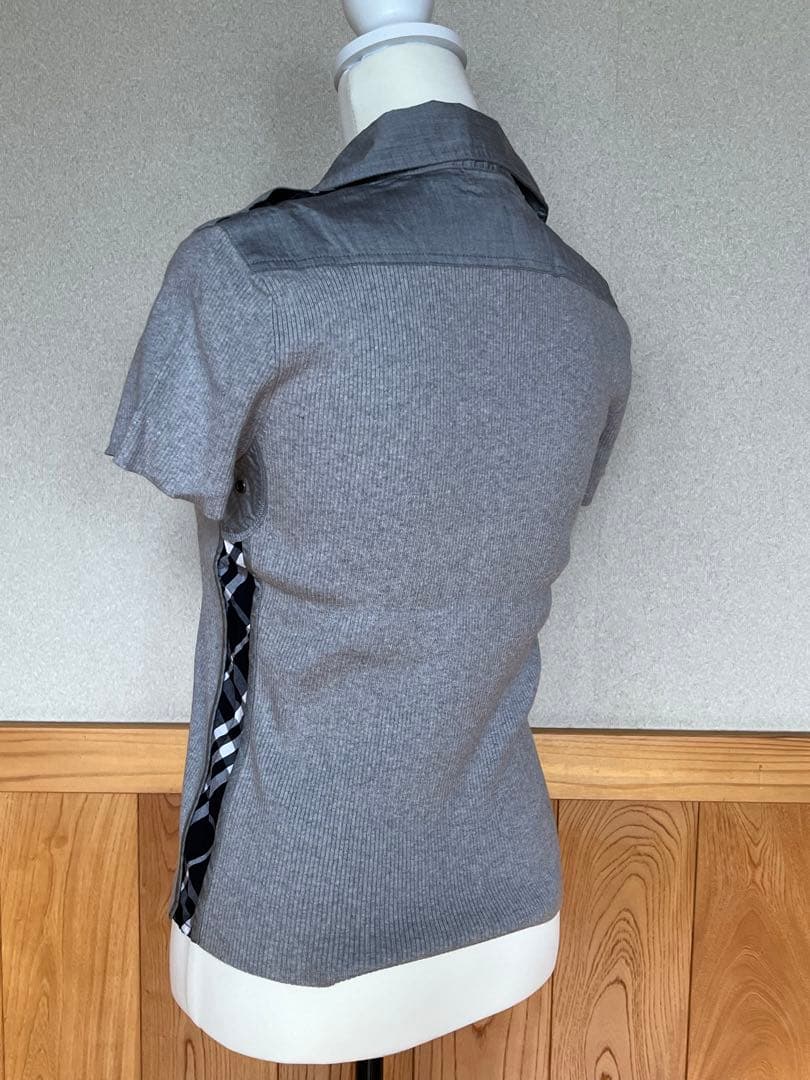 BURBERRY 未使用　グレー リブ編み チェック柄襟 半袖ポロシャツ