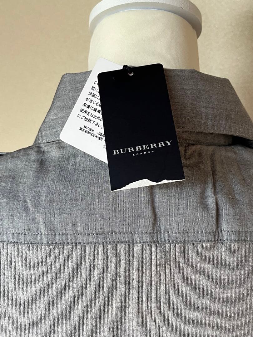 BURBERRY 未使用　グレー リブ編み チェック柄襟 半袖ポロシャツ