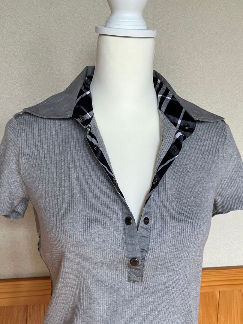 BURBERRY 未使用　グレー リブ編み チェック柄襟 半袖ポロシャツ