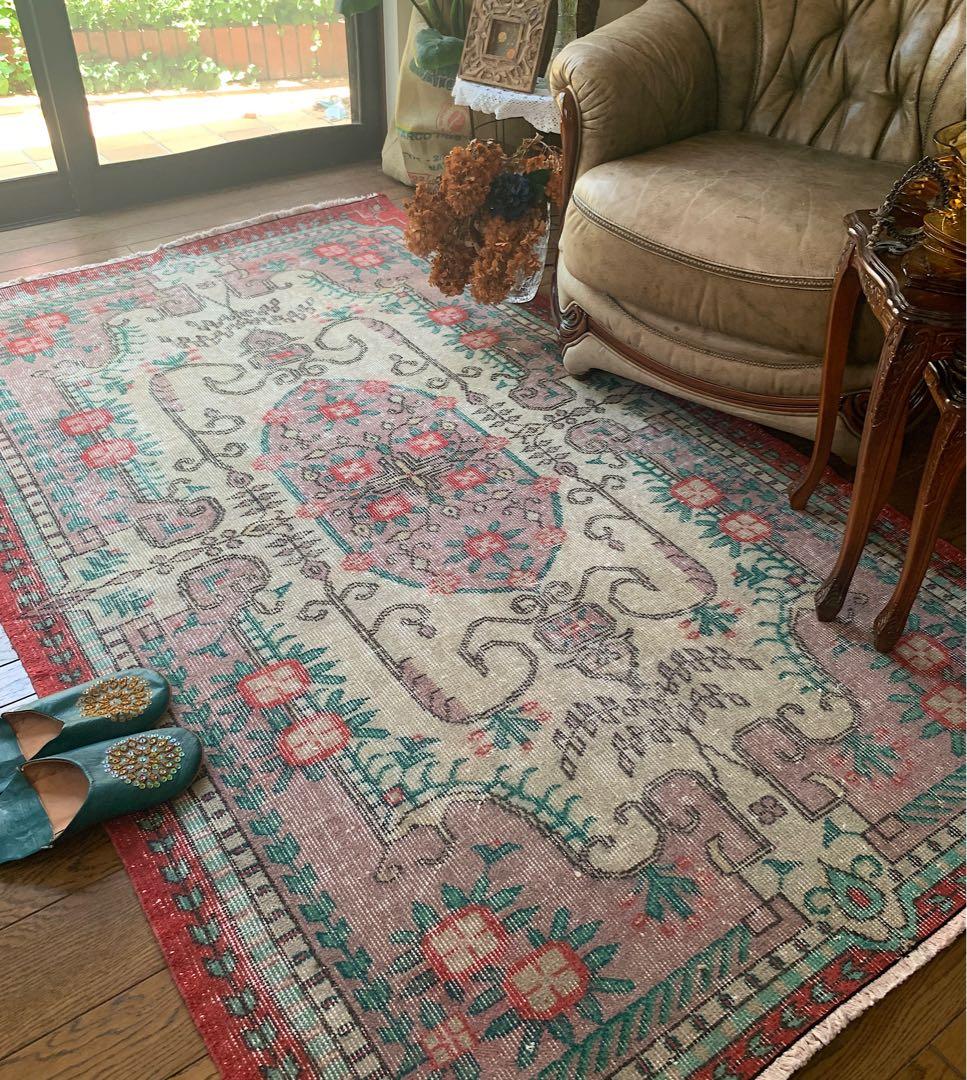 トルコヴィンテージラグ　205×122 モーヴピンク　フラワー　トルコラグ