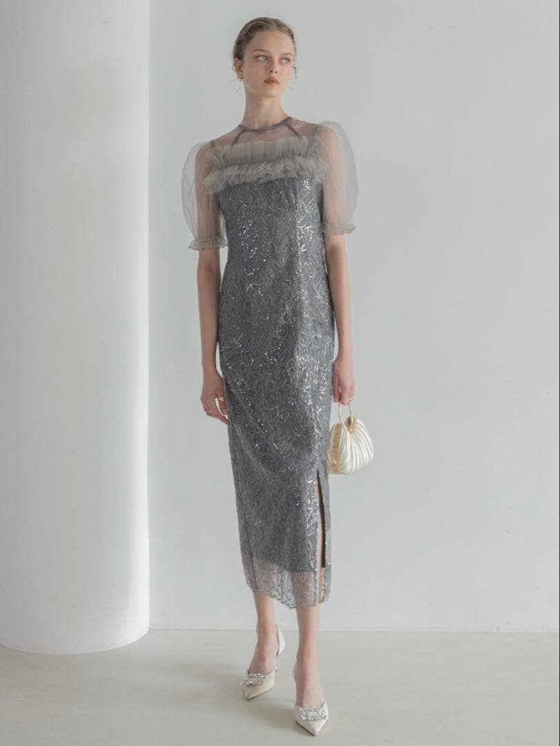 チュールフラワースパンコールIラインワンピースドレス結婚式二次会成人式パーティー