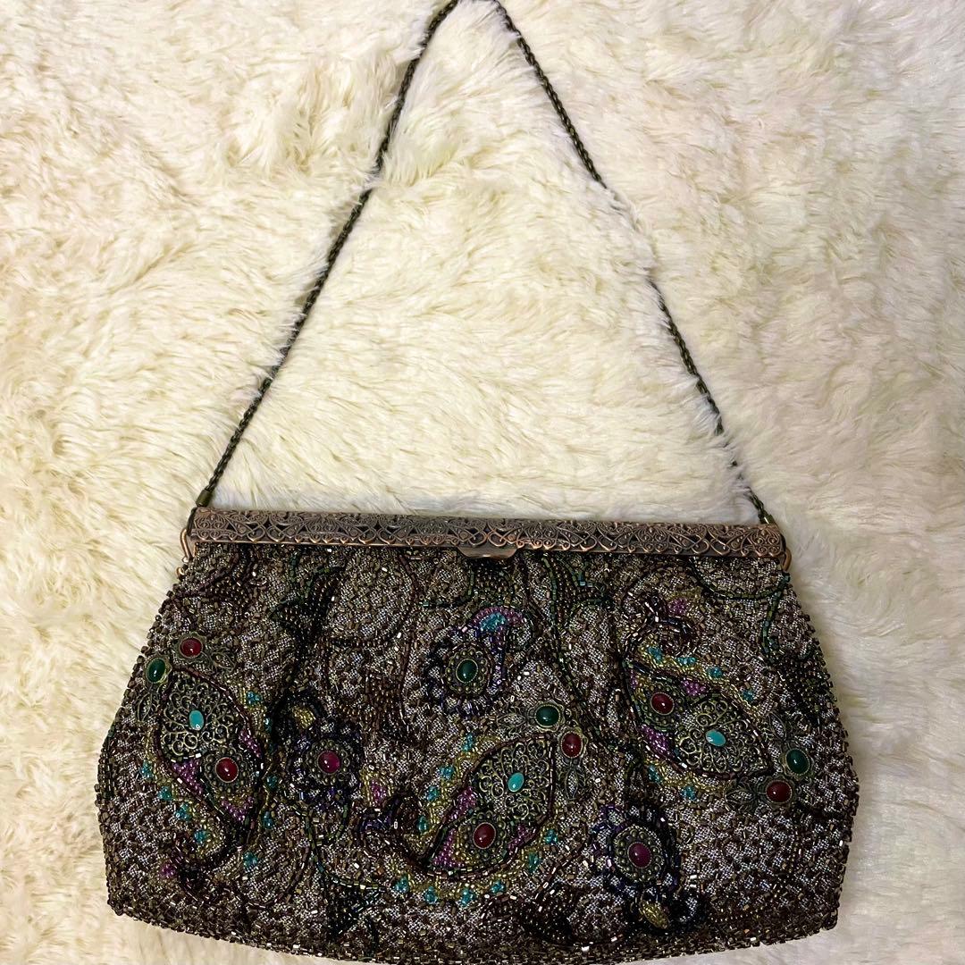 【美品】ルミーはしもと 総ビーズ ハンドバッグ がま口 皇室御用達