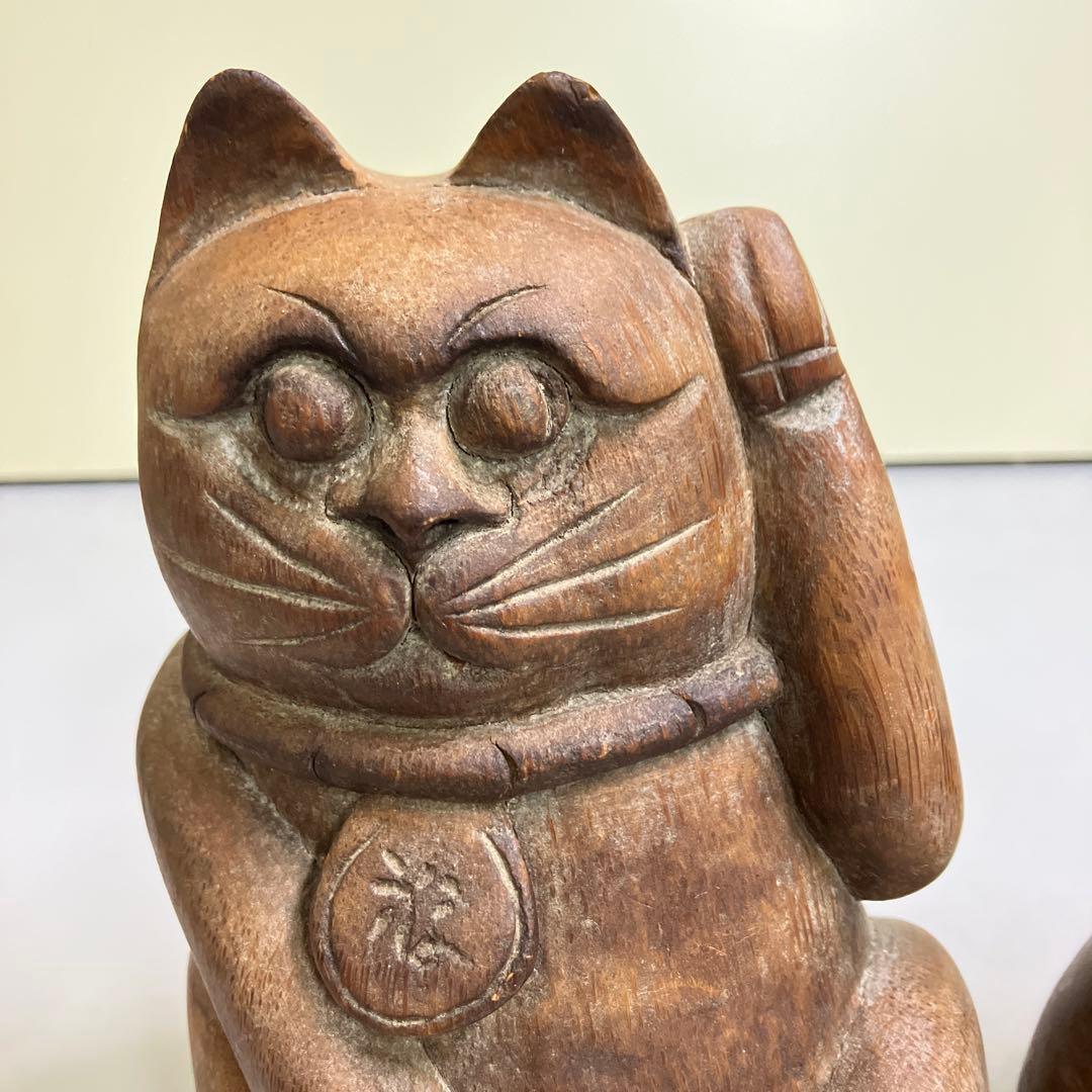 E-4昭和レトロ 招き猫 木製 置物 木彫り縁起物 2点セット 古道具 オブジェ