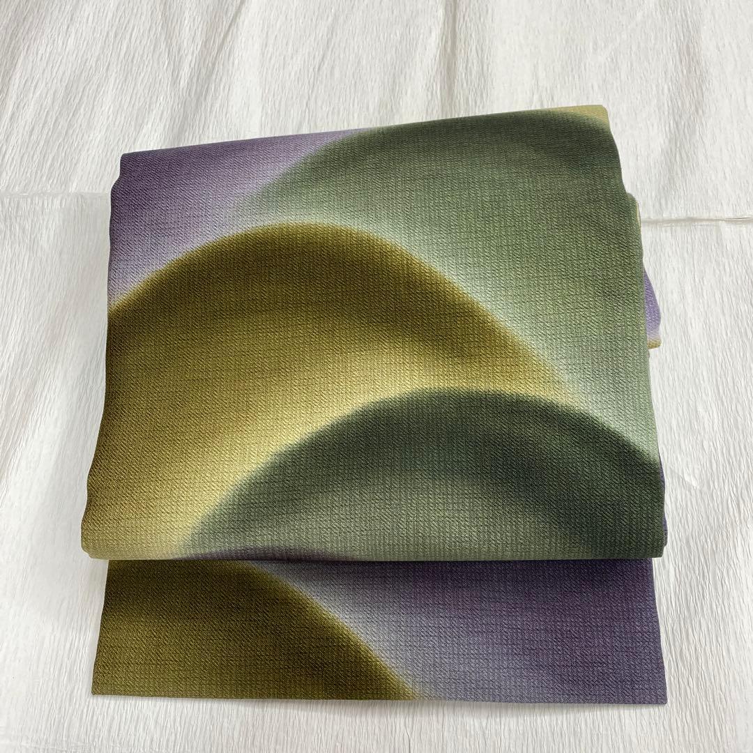 ＢＹ6391 緑　紫　名古屋帯 正絹 小紋 紬 色無地