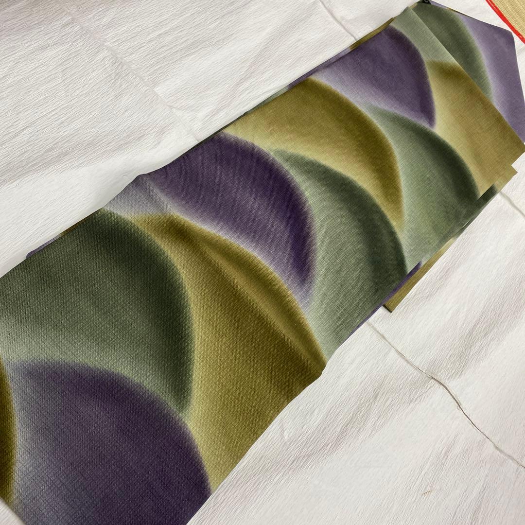 ＢＹ6391 緑　紫　名古屋帯 正絹 小紋 紬 色無地