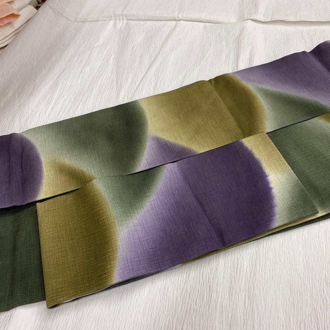 ＢＹ6391 緑　紫　名古屋帯 正絹 小紋 紬 色無地